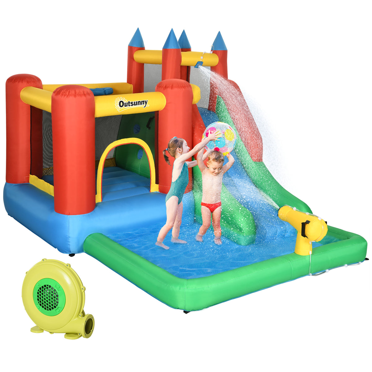 Outsunny Kids Inflatable Bouncy Castle Water Slide 6 in 1 Bounce House Jumping Castle Water Pool Gun Climbing Wall Basketball Hoop with Air Blower for Summer Playland