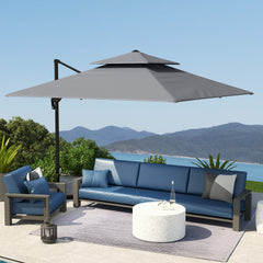 Outsunny 3 x 3(m) Cantilever Parasol with Aluminium Frame, Crank and Tilt, 360√Ç¬∞ Rotation, Double Top Garden Umbrella with Base and Cover, Light Grey