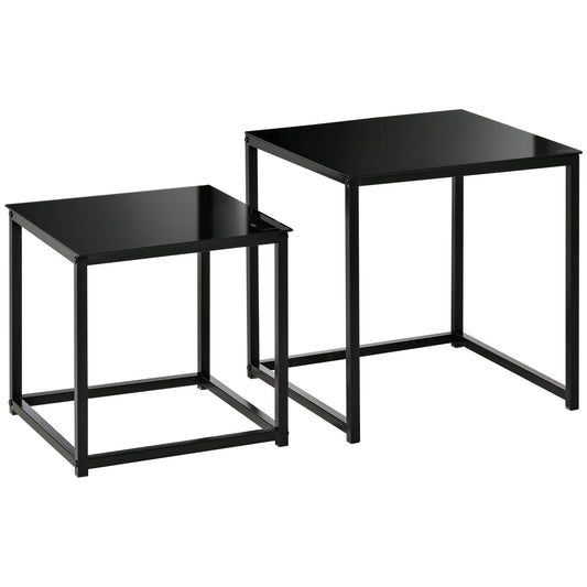 HOMCOM Nest of Tables, Set of 2 Coffee Table, Side Tables with Tempered Glass Desktop and Metal Frame for Living Room, Bedroom, Office, Black