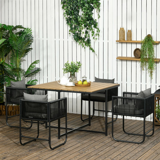 Outsunny 4 Seater Rattan Cube Garden Furniture Set, Rattan Dining Set with Cushions, Outdoor Dining Table and Chairs with Rectangular Wood Grain Plastic Top Table for Patio, Balcony, Black