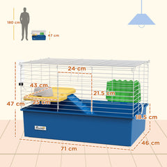 PawHut Chinchillas Small Rabbit Guinea Pig Small Animal Cage, Pet Playhouse, with Platform, Ramp, 71 x 46 x 47cm, Blue