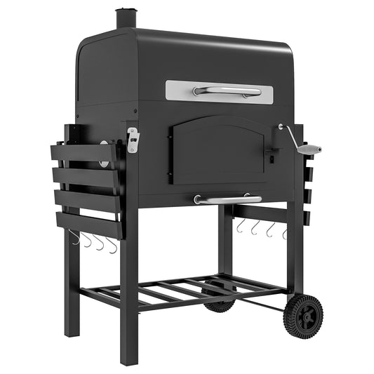 Outsunny Charcoal Barbecue Grill Trolley Garden Smoker with Shelves, Adjustable Height, Thermometer on Lid, Opener and Wheels