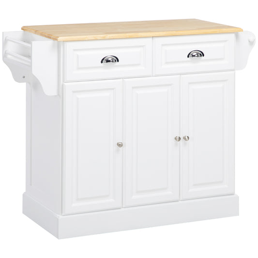 HOMCOM Kitchen Island with Storage Rolling Kitchen Serving Cart with Rubber Wood Top Towel Rack Storage Drawer Cabinet White