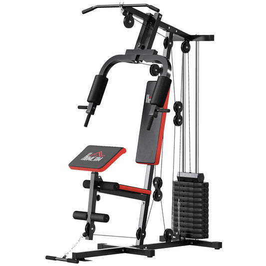 محطة HOMCOM Multigym، مع مجموعة أوزان 66 كجم، لتدريب القوة - أحمر وأسود