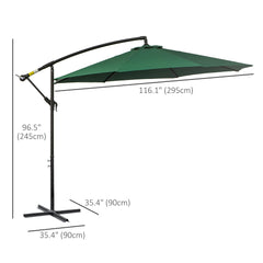 Outsunny 3(m) Banana Parasol Hanging Cantilever Umbrella with Crank Handle, 8 Ribs and Cross Base for Outdoor, Sun Shade, Dark Green