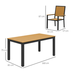 Outsunny 6 Seater Garden Dining Set with Stackable Chairs, Aluminium Frame, Rectangular Plastic Top, Garden Furniture Set, Outdoor Dining Table and Chairs for Patio, Balcony, Poolside, Nature Wood