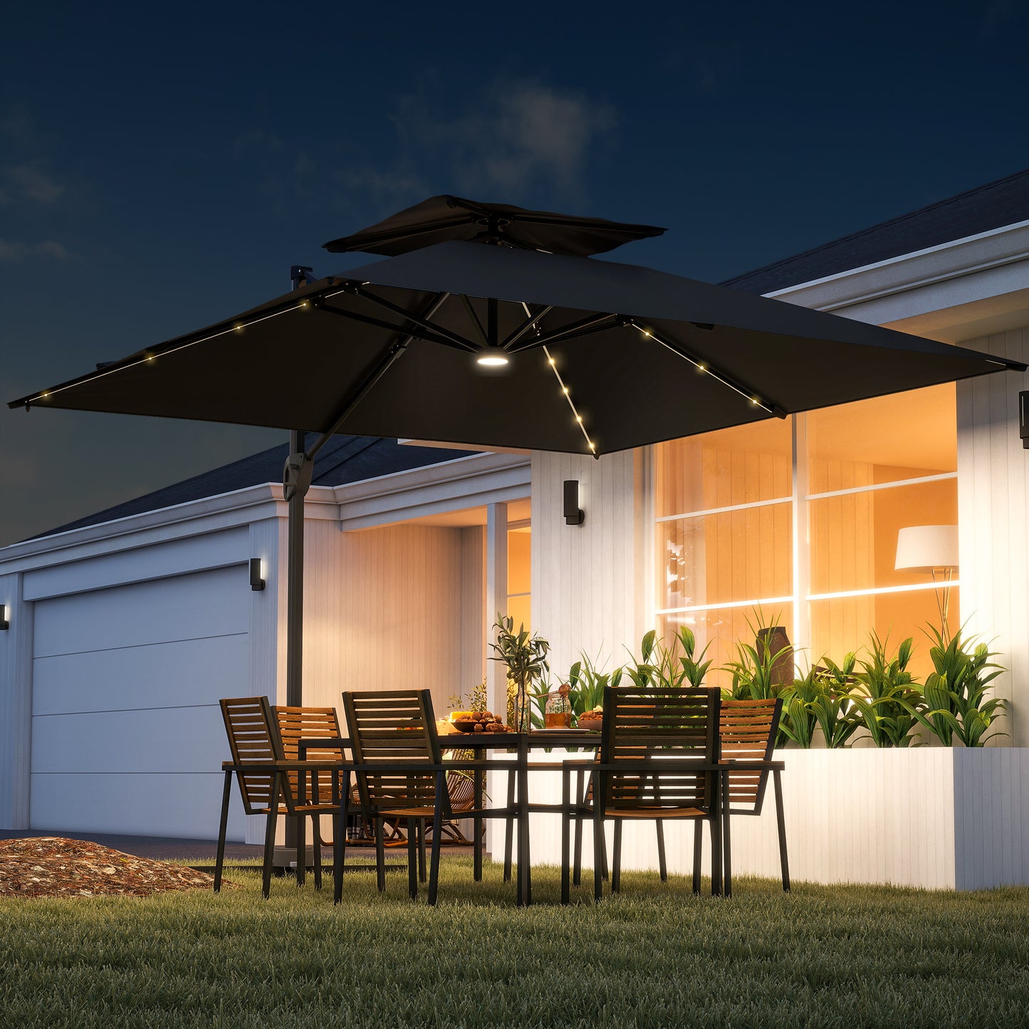 Outsunny 3.5x3 m Garden Cantilever Parasol with Solar LED Lights and Centre Light, UPF50+ Aluminium Patio Umbrella with 360√Ç¬∞ Rotation and Tilt, Hanging Sun Shade with Cross Base, Crank Handle, Black
