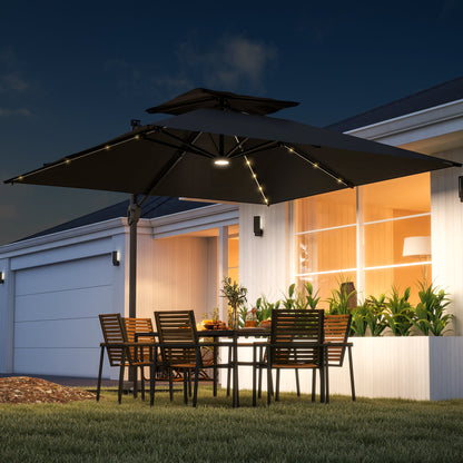 Outsunny 3.5x3 m Garden Cantilever Parasol with Solar LED Lights and Centre Light, UPF50+ Aluminium Patio Umbrella with 360√Ç¬∞ Rotation and Tilt, Hanging Sun Shade with Cross Base, Crank Handle, Black