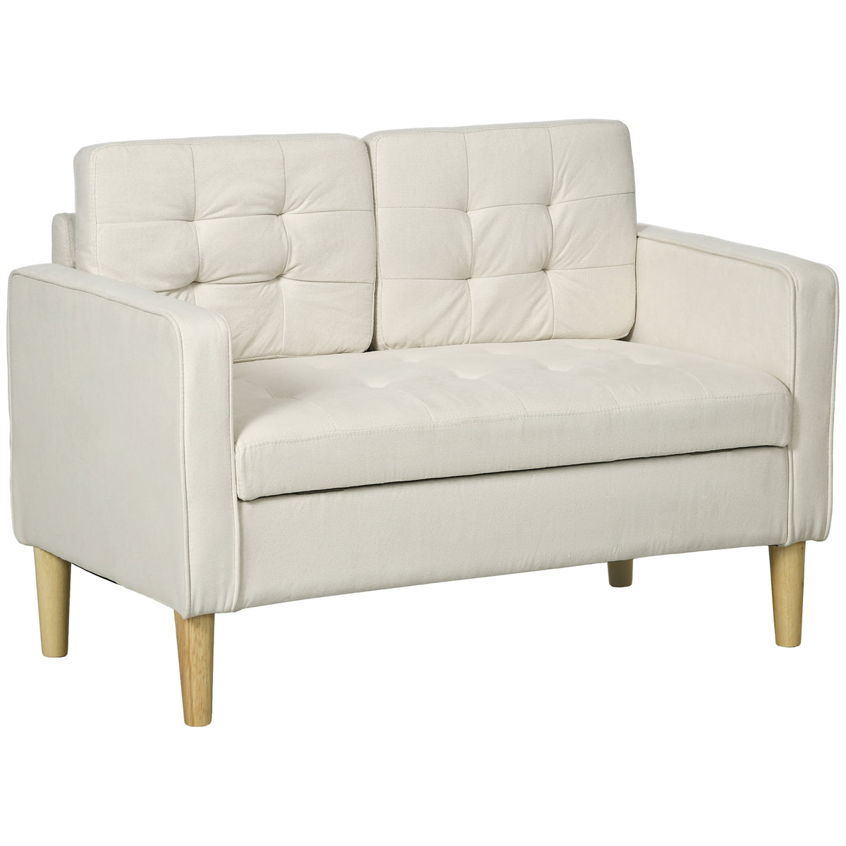 أريكة HOMCOM Modern Loveseat، أريكة مدمجة ذات مقعدين مع مساحة تخزين مخفية، أريكة من القطن المبطن بطول 117 سم مع أرجل خشبية، لون أبيض كريمي