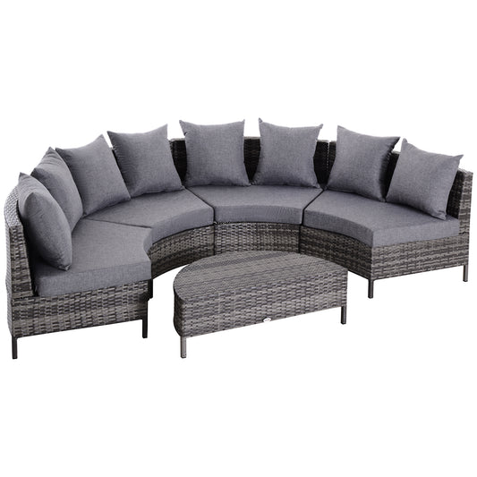 Outsunny 5 Pieces Rattan Garden Furniture Set, 4 Seater Half-Round Garden Sofa Set with Thickened Cushions, Wicker Conservatory Furniture with 4 Chairs, Rattan Coffee Table and Pillows, Grey