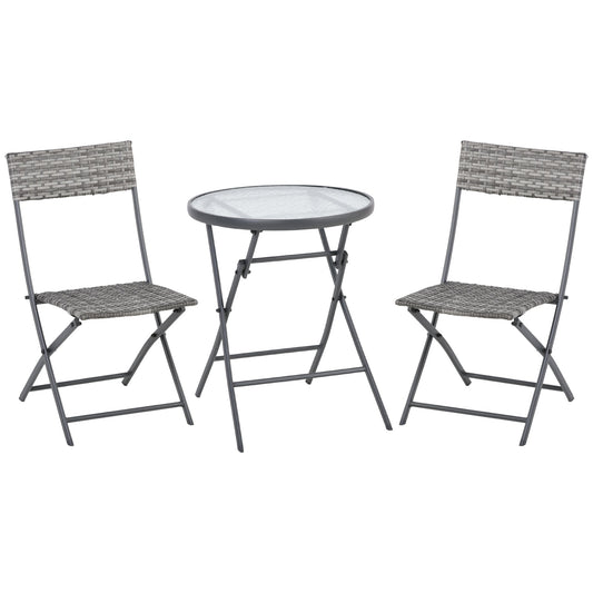 Outsunny 3 Pieces Rattan Bistro Set, Wicker Folding Garden Furniture Set with Glass Top Coffee Table and Chairs for Outdoor, Patio, Balcony, Grey