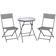 Outsunny 3 Pieces Rattan Bistro Set, Wicker Folding Garden Furniture Set with Glass Top Coffee Table and Chairs for Outdoor, Patio, Balcony, Grey