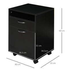 HOMCOM 60cm Filing Cabinet with Drawer, Open Shelf, Metal Handles and 4 Wheels, Office Home Organiser Mobile Printer, Black