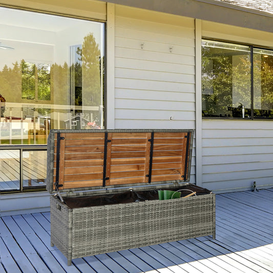 Outsunny Patio Wicker Storage Bench Box, Outdoor Garden PE Rattan Pool Storage Deck Bin Box w/ Natural Wood Top, Lid, Ideal for Storing Tools, Accessories and Toys, Mixed Grey