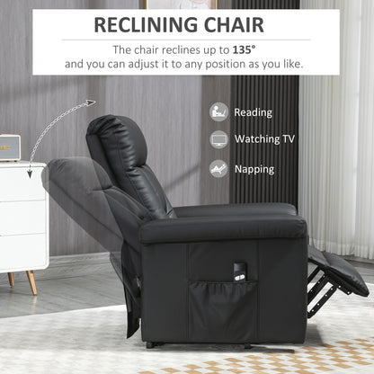 HOMCOM Power Lift Chair Armchair for the Elderly, PU Leather Recliner Chair with Extended Footrest, Remote Control and Side Pocket, Black