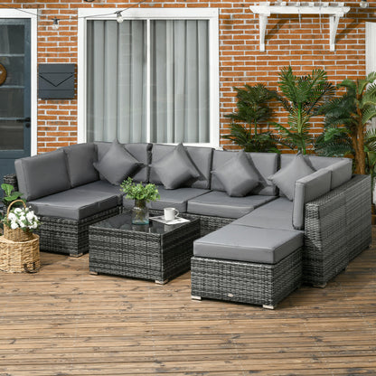 Outsunny 8 Pieces PE Rattan Corner Sofa Set, Outdoor Garden Furniture Set, Patio Wicker Sofa Seater w/ Cushion, Washable Cushion Cover & Tempered Glass Table, Grey