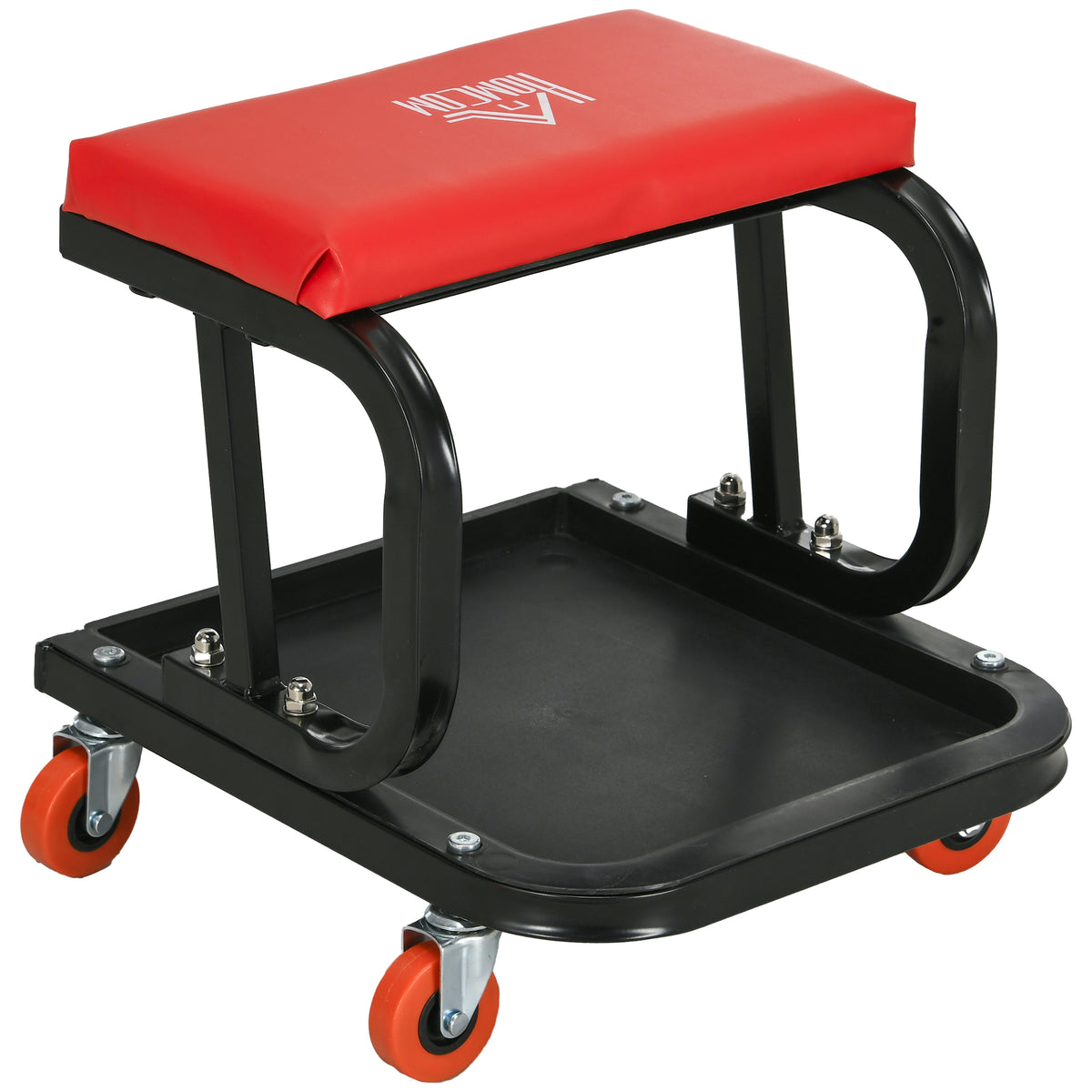 HOMCOM Workshop Stool, Rolling Mechanic Stool with 360 Degree Swivel, Padded Seat, Tool Tray, for Garage, Workshop, Auto Repair, Red