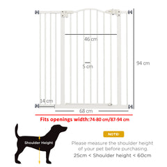 PawHut Pressure Fit Dog Stair Gate No Drilling Safety Gate Auto Close for Doorways, Hallways, 74-94cm Adjustable, 94cm Tall, White