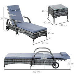 Outsunny 3 Pieces Rattan Sun Loungers, Garden Wicker Wheeling Recliner , PE Rattan Lounge Chairs w/ Cushions & Side Coffee Table Grey