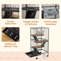 PawHut Small Animal Cage with Wheels Pet Home for Chinchillas Ferrets Kittens, with Hammock, 4 Platforms, Removable Tray, Silver