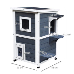 PawHut Wooden Cat House 2-Floor Outdoor Kitten Shelter with Window Grey