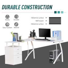 HOMCOM L-Shaped Computer Desk Table with Storage Drawer, Home Office Desk Corner Industrial Style Workstation for A4 Files 143.5 x 143.5 x 76cm, White