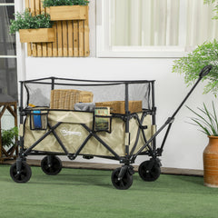 Outsunny Folding Garden Trolley, 180L Wagon Cart with Extendable Side Walls, for Beach, Camping, Festival, Khaki