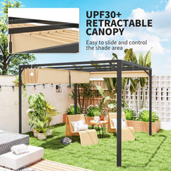 Outsunny 3 x 3m Aluminium Pergola, with Retractable Roof and Wall - Khaki