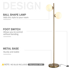 HOMCOM 2 Lights Tree Floor Lamp for Living Room with Globe Lampshade, Standing Lamp for Bedroom, Bulb not Included, Gold Tone