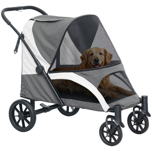 PawHut Foldable Pet Stroller for Large Dogs with 4 Big Wheels, Shock-Absorbing Frame, Safety Leashes, Brakes, Dark Grey