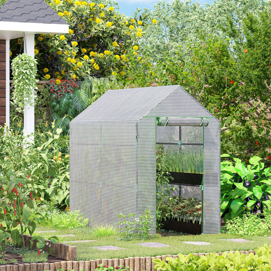 Outsunny Walk In Greenhouse with 2-Tier Shelves, Roll up Zip Panel Door, Garden Polytunnel Steeple Grow House for Outdoor, 6 x 4 x 6ft White