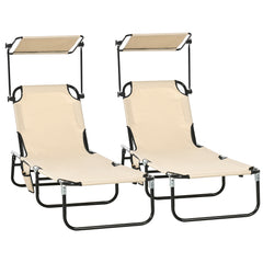 Outsunny 2 Piece Folding Sun Loungers with Canopy, Adjustable Recliner Garden Chairs with Side Pocket, Steel Frame and Breathable Mesh for Outdoor, Pool, Beach, Garden, Tan Brown