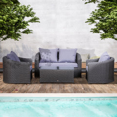 Outsunny Deluxe Round PE Rattan Garden Furniture Set, Fully-assembly Outdoor Sofa Set with Armchair, Loveseat, Glass Top Coffee Table, Aluminium Frame, Cushion, Grey