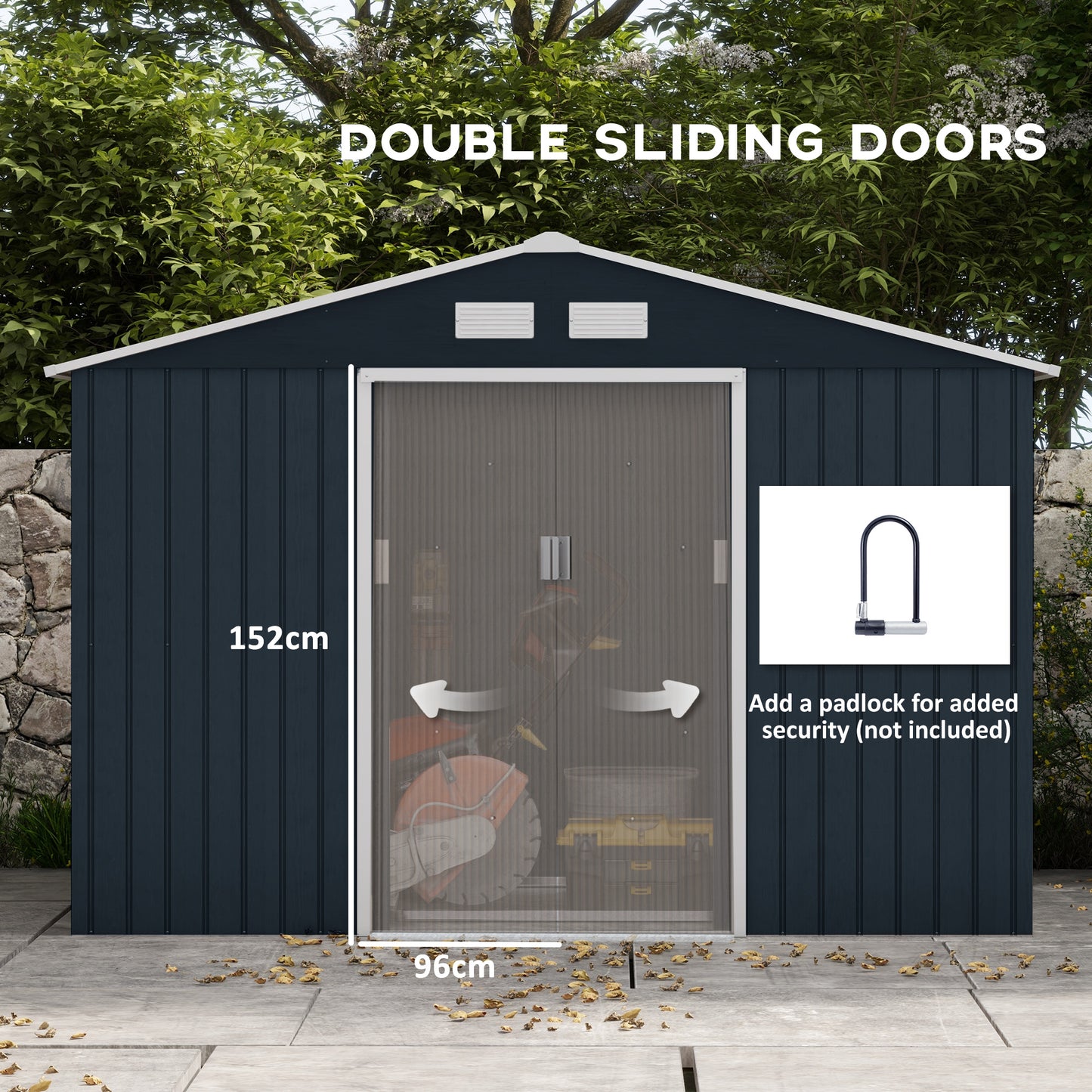 Outsunny 9 x 6ft Metal Bicycle Shed, Outdoor Storage Tool House with Ventilation Slots, Foundation Kit and Lockable Double Doors, Dark Grey