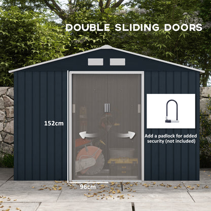 Outsunny 9 x 6ft Metal Bicycle Shed, Outdoor Storage Tool House with Ventilation Slots, Foundation Kit and Lockable Double Doors, Dark Grey