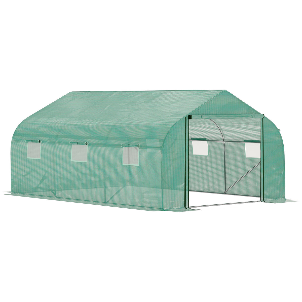 Outsunny Walk-in Polytunnel Garden Greenhouse, Outdoor Mesh Door Greenhouse with PE Cover and 6 Windows, 4.5 x 3 x 2m, Green