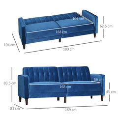 HOMCOM Modern 3 Seater Velvet Sofa Bed, Click Clack Sofa Bed, Button Tufted Sleeper Couch with Split Reclining Backrest and Rubber Wood Legs, Blue