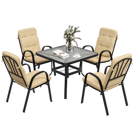 Outsunny 5 Pieces Outdoor Square Garden Dining Set w/ Tempered Glass Dining Table 4 Cushioned Armchairs, Umbrella Hole, Beige