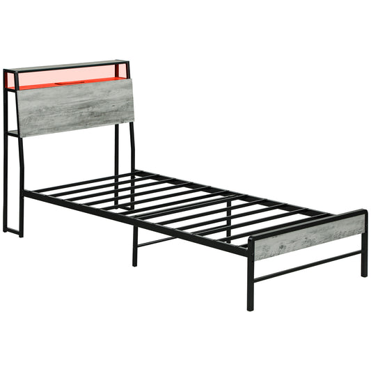 HOMCOM Single Steel Bed Frame, with LED Lights and Headboard Shelf - Grey