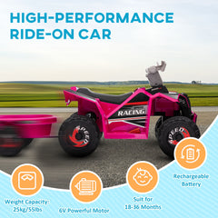 HOMCOM 6V Quad Bike with Back Trailer, Wear-Resistant Wheels, for Ages 18-36 Months, Pink