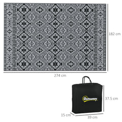 Outsunny 182 x 274cm Reversible Patterned Outdoor Rug, with Bag - Black/Grey