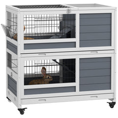 PawHut Double Deckers Guinea Pig Cage, Indoor Rabbit Hutch with Feeding Trough, Trays, Ramps, Openable Top - Grey