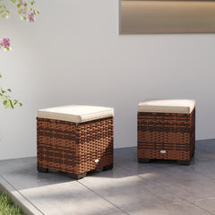 Outsunny Set of 2 Rattan Storage Ottoman, Outdoor Footstool with Removable Cushions, Garden Storage Seat for Balcony, Poolside, Living Room, Beige