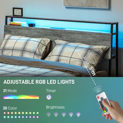 HOMCOM Double Steel Bed Frame, with LED Lights and Headboard Shelf - Grey