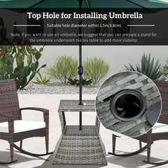 Outsunny Outdoor Patio Rattan Wicker Coffee Table Bistro Side Table w/ Umbrella Hole and Storage Space, Grey