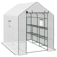 Outsunny Walk-in Greenhouse with 3 Tier 12 Shelves, Small Greenhouse with Reinforced PE Cover, Garden Plant Growhouse with Roll-up Door and Three Mesh Windows, 140 x 213 x 190 cm, White