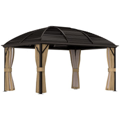 Outsunny 3 x 4m Hardtop Gazebo Canopy with Metal Roof, Aluminium Gazebo Permanent Pavilion with Netting and Curtains, Brown