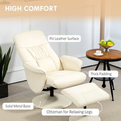 HOMCOM Swivel Recliner Chair with Footstool, PU Leather Armchair and Ottoman with High Back and Round Base for Living Room, Cream White