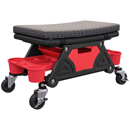 HOMCOM Rolling Mechanic Stool, 135kg Capacity Workshop Stool, 360√Ç¬∞ Swivel Roller Padded Creeper Seat with Wheels, Slide Out Tool Trays and Drawer for Garage, Shop, Auto Repair, Black