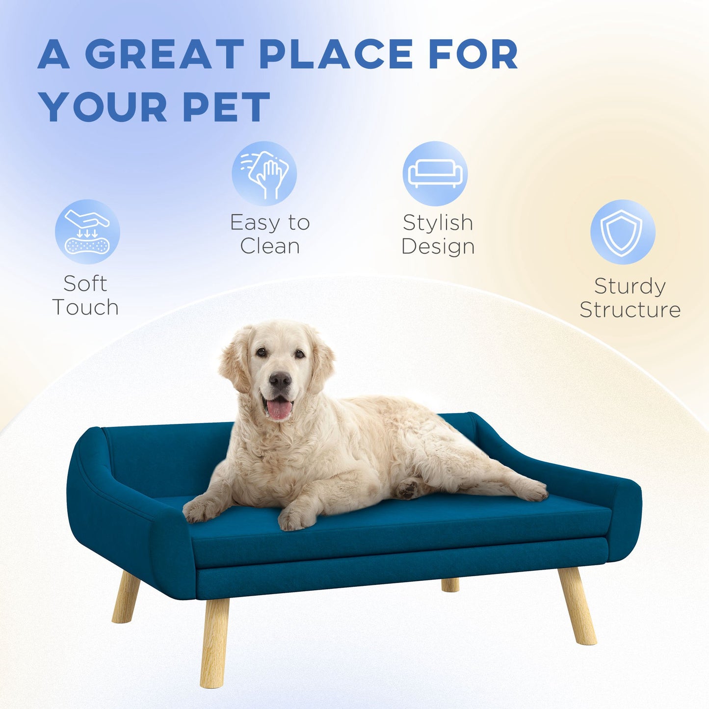 أريكة PawHut Dog مع وسادة ناعمة، أريكة سرير للحيوانات الأليفة مع إطار خشبي، غطاء قابل للإزالة، للكلاب المتوسطة والكبيرة، أزرق